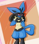 ambiguous_gender anthro big_ears black_body black_fur blue_body blue_fur cheek_tuft facial_tuft fluffy fluffy_thighs fur gesture heart_gesture heart_symbol neck_tuft red_eyes small_waist smile smiling_at_viewer solo spikes thick_thighs tuft wide_hips holeecarolee nintendo pokemon generation_4_pokemon lucario pokemon_(species) hi_res