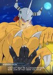 3_toes armor blackgreymon blue_eyes breath bruised claws cloud duo feet foot_fetish foot_focus foot_grab hair headgear helmet male male/male moon night orange_body paw_holding paws red_hair shirtless sky star starry_sky text toe_claws toes wet samaraka bandai_namco digimon digimon_(species) wargreymon english_text hi_res