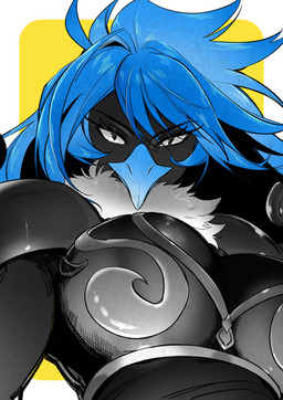 anthro armor athletic athletic_anthro athletic_female beak big_breasts black_body black_feathers black_fur blue_beak blue_hair breastplate breasts clothed clothing covered_breasts eyelashes feather_hair feathered_wings feathers female fur hair huge_breasts looking_at_viewer neck_tuft non-mammal_breasts pseudo_hair pupils simple_background slit_pupils solo topwear tuft wings xia_fei undertale undertale_(series) undertale_yellow martlet_(undertale_yellow) martlet_(zenith_form) avian bird digital_media_(artwork) hi_res