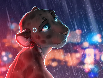 ambiguous_gender anthro blurred_background fur machine night outside raining solo wet smileeeeeee detroit:_become_human ess_(smileeeeeee) android felid leopard mammal pantherine robot 2018 4:3 digital_media_(artwork)