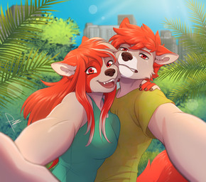 anthro birthmark building city city_background cityscape duo family family_photo female fern grimace grimacing_at_viewer hug hugging_another looking_at_viewer male markings plant selfie selfie_pose smile smiling_at_viewer tree zombieze michael_thumpings_(darkflamewolf) nina_thumpings_(darkflamewolf) canid canine canis mammal wolf hi_res brother_(lore) brother_and_sister_(lore) sibling_(lore) sister_(lore)