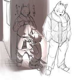 adult_on_young age_difference alley anthro anthro_on_anthro balls biped blush bottomwear bottomwear_down cellphone censor_bar clothed clothed_sex clothing dialogue dominant duo electronics erection eyewear footwear fully_clothed fur genitals glasses hand_in_pocket handjob hands_in_both_pockets heart_symbol holding_cellphone holding_object holding_phone humanoid_genitalia humanoid_penis ineffective_censorship interspecies jacket kneeling larger_dom larger_male male male/male older_male pants pants_down partially_clothed penile penis penis_in_face phone pockets recording scarf semi_public sex shoes shota simple_background size_difference smaller_male smile standing text topwear white_background young young_anthro young_male younger_male manmosu_marimo shota_feline_(marimo) white_canine_(marimo) canid canine canis domestic_cat domestic_dog felid feline felis mammal 2017 censored japanese_text monochrome sketch translated