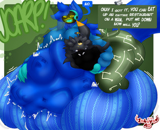 1_ear 1_eye 4_fingers abdominal_bulge anthro balls belly big_balls big_belly big_breasts big_butt big_feet big_penis blue_body blue_fur blue_hair bottomwear breasts burp_cloud burp_fetish burping butt carrying_another claws clothed clothed_anthro clothing cybernetics digestion digestion_noises featureless_feet feet fingers flare_pants forced fur genital_outline genitals grey_hair gynomorph gynomorph/male hair hand_on_belly head_tuft holding_object hoodie huge_belly huge_butt hy-3_(hy_polaris) hyper hyper_butt intersex intersex/male long_hair long_tail machine male mass_vore onomatopoeia open_mouth pants penis protogen_visor simple_background size_difference sound_effects speech_bubble squirm squirming suit suit_jacket tail teeth text thick_thighs tight_bottomwear tight_clothing tight_fit tight_pants topwear tuft unwilling_prey vore wide_hips yellow_eyes yellow_teeth sokoyo_owo starry_(sokoyo_owo) animal_humanoid canid canine cyborg humanoid mammal mammal_humanoid protogen robot hi_res