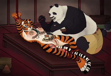 anthro bdsm body_sushi bondage bound chopsticks clitoris clothing duo female food food_fetish food_play genitals male male/female obese overweight simple_background vulva dwarf_lover dreamworks kung_fu_panda master_po_ping master_tigress bear felid giant_panda mammal pantherine tiger hi_res