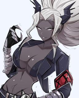 belt bottomwear breasts cleavage clothed clothing ear_piercing female horn not_furry piercing shorts simple_background smile solo wavy_mouth white_background omiza-zu helltaker judgement_(helltaker) demon humanoid 2020 4:5 absurd_res hi_res