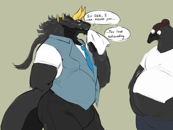 belly black_body black_bottomwear black_clothing black_fur black_pants black_scales black_sclera blue_clothing blue_topwear blue_vest body_hair bottomwear bulge chest_hair claws clothed clothing duo eyewear finger_claws fur glasses hair happy_trail horn male mane musclegut muscular muscular_arms necktie pants pecs ponytail scales shirt speech_bubble topwear vest white_clothing white_shirt white_topwear kingkuga bandai_namco digimon mythology briggsy_(kingkuga) digimon_(species) dragon furred_dragon furred_scalie mythological_creature mythological_scalie scalie hi_res