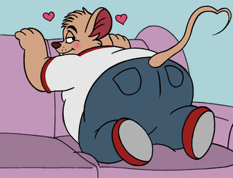 anthro belly big_butt blush bottomwear butt clothing furniture heart_symbol male overweight overweight_male pants shirt sofa solo topwear johnny_ether mammal mouse murid murine rodent 2022