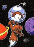 ambiguous_gender black_nose dipstick_tail eyelashes feral floating flying_saucer markings planet solo space space_helmet star starscape tail tail_markings ufo kev_beeley canid canine fox mammal 2000 dated signature traditional_media_(artwork)