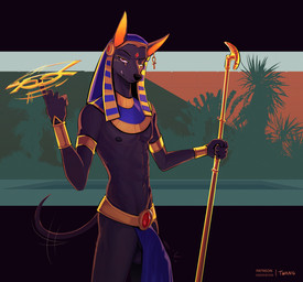 anthro athletic athletic_anthro athletic_male bedroom_eyes bottomwear bracelet bulge clothing detailed_bulge duo egyptian egyptian_clothing egyptian_headdress forehead_gem front_view gem genital_outline gold_(metal) gold_armlet gold_bracelet gold_jewelry holding_object holding_staff jewelry loincloth male narrowed_eyes penis_outline seductive slim_anthro slim_male solo staff standing tail twang egyptian_mythology middle_eastern_mythology mythology anubis anubian_jackal canid canine canis deity jackal mammal hi_res