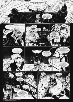 5_fingers 9_panel_comic ambiguous_gender anthro armor biped black_nose black_text clothed clothing dialogue ellipsis exclamation_point eyebrows eyewear fingers gesture glasses gloves group hand_gesture handwear headgear helmet holding_object holding_paper holding_torch looking_at_another male medieval motion_lines open_mouth page_number paper pointing pointing_at_another question_mark sharp_teeth speech_bubble standing tail tail_motion tailwag talking_to_another teeth text tongue torch warrior whiskers leprzil canid canine domestic_cat felid feline felis gulonine mammal marten murid murine mustelid musteline oriental_shorthair rat rodent 2025 comic english_text hi_res monochrome url
