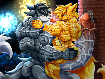anthro balls big_balls big_muscles big_penis blush bodily_fluids duo genital_fluids genitals holidays huge_balls huge_muscles huge_penis hyper hyper_genitalia hyper_muscles hyper_penis male muscular outside penis penis_size_difference precum striated_muscles sweat vein veiny_muscles veiny_penis taiko-sihori new_year canid canine canis fennec_fox fox mammal true_fox wolf hi_res