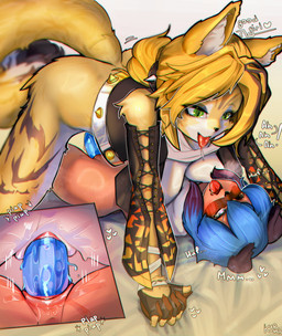 ahegao anthro blue_hair bodily_fluids breasts brown_body brown_fur close-up dildo dildo_in_vagina dildo_insertion dominant dominant_female duo enjoying female female/female fur genital_fluids genitals hair looking_pleasured open_mouth orange_body orange_fur penetration sex sex_toy sex_toy_in_vagina sex_toy_insertion tail vaginal vaginal_fluids vaginal_penetration vulva kyrkyma brand_new_animal mihoyo studio_trigger zenless_zone_zero michiru_kagemori pulchra_fellini canid canine felid feline felis mammal raccoon_dog tanuki thiren hi_res