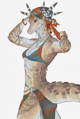 anthro barbell_piercing blue_eyes bottomwear bracelet breasts clothing eyebrow_barbell eyebrow_piercing facial_piercing feathers female jewelry loincloth necklace piercing scales small_breasts tail teeth kagamisawayama solena crocodile crocodilian orinoco_crocodile reptile scalie absurd_res hi_res