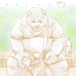 anthro belly big_belly bottomwear clothing kemono male overweight overweight_male shirt shorts sitting solo topwear furipon bear mammal 1:1 2023 absurd_res hi_res