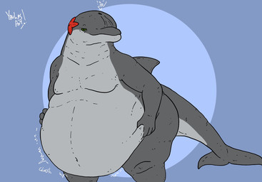 anthro belly big_belly blowhole blue_background dolphin_tail dorsal_fin fin green_eyes grey_arms grey_belly grey_body grey_fin grey_legs grey_tail male overweight rumbling_stomach simple_background solo starfish_(accessory) tail text yauhasart yauhas aquatic asterozoan cetacean common_dolphin dolphin echinoderm mammal oceanic_dolphin starfish toothed_whale 2025 english_text flat_colors hi_res watermark