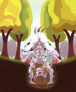 aged_up anthro anus balls black_spots butt casual_nudity collar collar_only detailed_background digging dirty dirty_body dirty_feet genitals grass half-erect hole_(pit) male muscular nude park pawpads penis plant public public_nudity slightly_chubby smile solo spots tail tail_motion tailwag tongue tongue_out tree upside_down white_body dal101strefan 101_dalmatian_street 101_dalmatians disney diesel_(101_dalmatians) canid canine canis dalmatian domestic_dog mammal hi_res