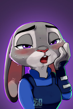 anthro aroused aroused_face aroused_female blush bodily_fluids buckteeth clothed clothing drooling female fur grey_body grey_fur narrowed_eyes open_mouth police police_uniform purple_eyes saliva saliva_string simple_background solo sweat sweatdrop teeth tongue tongue_out uniform zigrock001 disney zootopia judy_hopps european_rabbit lagomorph leporid mammal oryctolagus rabbit absurd_res digital_media_(artwork) hi_res