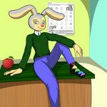 anthro apple bottomwear classroom clothed clothing desk food footwear fruit fur furniture green_clothing green_sweater green_topwear grey_eyes male pants plant rabbit_ears school shirt sitting smile socks solo sweater sweater_vest table teacher text topwear vest dutchsyndicalist jumpstart_(series) jumpstart_games jumpstart_kindergarten_(1997) hopsalot_(jumpstart) lagomorph leporid mammal rabbit 1:1 digital_media_(artwork) english_text hi_res