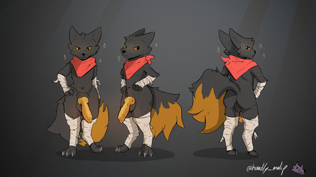 anthro bandage bandaged_arm bandaged_leg black_body butt fluffy fluffy_tail genitals knot knotted_penis looking_at_viewer male nude penis scarf simple_background solo standing tail handly_molip casualties:_unknown expie_(gunsawian) gunsawian hi_res