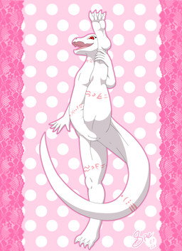 4_toes 5_fingers abstract_background albino anthro anus belly belly_markings big_tail claws cute_fangs digitigrade eyelashes fangs feet female fingers flat_chested flexible front_view genitals humanoid_genitalia humanoid_hands humanoid_vulva innie_vulva lace leg_markings long_tail looking_at_viewer markings membrane_(anatomy) neck_markings nude on_one_leg one_leg_up open_mouth open_smile outline perineum pink_background pink_markings pink_outline pose presenting presenting_vulva pupils raised_leg red_eyes simple_background slit_pupils smile smiling_at_viewer snout soles solo splits spread_legs spreading standing tail tail_dimple tail_markings teeth thick_tail thick_thighs thigh_markings three-quarter_view toe_claws toes tribal tribal_markings vertical_splits vulva webbed_feet white_anus white_body white_claws white_outer_labia white_vulva spe overlord_(series) crusch_lulu lizard lizardman lizardman_(overlord) reptile scalie 2022 absurd_res cel_shading dated digital_drawing_(artwork) digital_media_(artwork) full-length_portrait hi_res krita_(artwork) pink_theme pinup portrait shaded signature