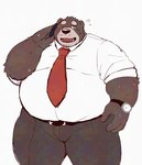 anthro belly big_belly bodily_fluids bottomwear brown_body clothing kemono male mature_male necktie one_eye_closed open_mouth overweight overweight_male pants shirt simple_background solo sweat topwear white_background 12beat13 bear canid canine mammal raccoon_dog tanuki 2024 hi_res