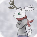 ambiguous_gender anthro antlers bottomwear brown_antlers brown_bottomwear brown_clothing clothed clothing ears_back fur glistening glistening_eyes green_eyes grey_clothing grey_topwear horn pivoted_ears red_scarf scarf solo standing topwear whiskers white_body white_ears white_fur bucklebunny jackalope lagomorph mammal 1:1 portrait three-quarter_portrait