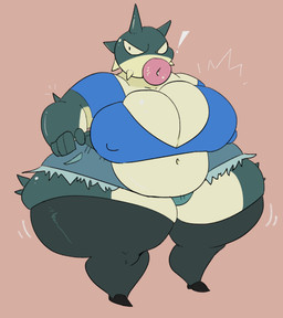 annoyed anthro belly big_breasts bottomwear breasts cleavage clothed clothing denim denim_bottomwear denim_clothing denim_shorts exclamation_point female footwear hand_on_hip huge_breasts legwear lips navel nipple_outline overweight overweight_anthro overweight_female pantyhose shirt shoes shorts slightly_chubby solo spikes thick_lips thick_thighs topwear wide_hips bigbun_3 bun-e nintendo pokemon animal_humanoid fish fish_humanoid generation_2_pokemon humanoid marine marine_humanoid pokemon_(species) qwilfish absurd_res hi_res