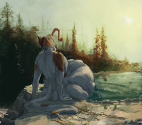 ambiguous_gender ambiguous_prey anthro belly big_belly duo forest huge_belly lake male male_pred plant rock sitting slurping solo_focus squirming sunset swallowing tail tree vore pacific_coyote domestic_cat felid feline felis mammal 2024 hi_res painting_(artwork) signature