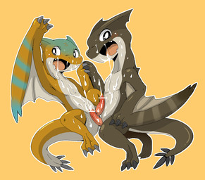 animal_genitalia blush bodily_fluids cum cum_on_body cum_on_face cumshot duo ejaculation erection genital_fluids genital_slit genitals looking_at_viewer male male/male messy open_mouth orgasm penis simple_background smile tapering_penis doneru capcom monster_hunter flying_wyvern tigrex 2015 censored