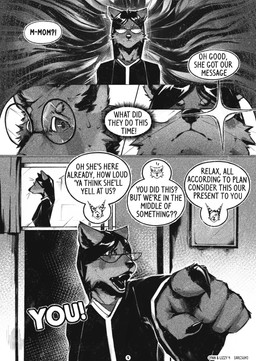 anthro clothed clothing dialogue eyewear female gesture glasses hand_gesture male pointing speech_bubble text arcsuh adiyah_(arcsuh) zeek_(arcsuh) mammal procyonid raccoon absurd_res comic english_text hi_res monochrome
