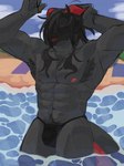 anthro armpit_hair barazoku beach black_body body_hair bulge chest_hair clothing hair happy_trail horn long_hair machine male muscular muscular_male nipples pecs raised_arms simple_background solo tail tied_hair underwear water wet jebedotpng shedah_(jebedotpng) protogen 3:4 hi_res