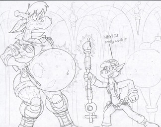 anthro belly belt big_belly big_breasts bottomwear breasts clothing duo eyewear female footwear fur glasses hair horn huge_belly jacket magic male markings navel open_mouth pants pregnant pregnant_anthro pregnant_female rapid_pregnancy shirt shoes spots spotted_body spotted_fur staff text thick_thighs topwear torch virus-20 bill_bull_(virus-20) luray_giraffe bovid bovine cattle giraffe giraffid mammal 2016 english_text sketch traditional_media_(artwork)