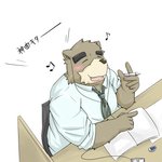 anthro brown_body brown_fur chair clothing dialogue_box eyes_closed fur furniture humanoid_hands kemono male necktie overweight overweight_anthro overweight_male shirt simple_background sitting solo text topwear white_background emufu bear mammal 1:1 2013 japanese_text