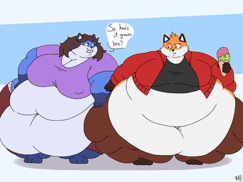 3_toes 5_fingers anthro barefoot belly big_belly big_breasts big_moobs biped black_eyebrows black_nose blue_body blue_fur bottomwear breasts brown_body brown_bottomwear brown_clothing brown_fur brown_hair cleavage clothed clothing dessert dialogue double_chin duo ear_markings eye_contact eyebrows eyelashes facial_markings facial_tuft feet female fingers flabby_arms food front_view frown fur glistening glistening_nose gloves_(marking) grey_clothing grey_topwear hair head_markings heart_clothing heart_symbol heart_underwear holding_food holding_object hoodie huge_belly huge_hips huge_thighs hyper hyper_belly hyper_hips hyper_thighs ice_cream leg_markings looking_at_another love_handles male markings midriff moobs morbidly_obese morbidly_obese_anthro morbidly_obese_female morbidly_obese_male multicolored_body multicolored_fur narrowed_eyes navel nipple_outline obese obese_anthro obese_female obese_male orange_body orange_fur overweight overweight_anthro overweight_female overweight_male pants purple_clothing purple_topwear question red_clothing red_topwear shirt smile socks_(marking) speech_bubble standing sweatshirt teasing text thick_thighs tight_clothing toes topwear tuft underwear weight_gain white_body white_fur wide_hips batspid2 chloe_(batspid2) max_(batspid2) canid canine fox mammal 2018 4:3 digital_drawing_(artwork) digital_media_(artwork) english_text flat_colors full-length_portrait portrait signature brother_(lore) brother_and_sister_(lore) sibling_(lore) sister_(lore)