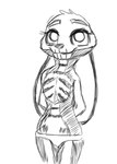 anthro clothed clothing costume dewlap_(anatomy) ears_down female hands_behind_back looking_at_viewer panties pivoted_ears skeleton_bodypaint solo topless underwear spoof_(artist) disney zootopia judy_hopps lagomorph leporid mammal rabbit monochrome