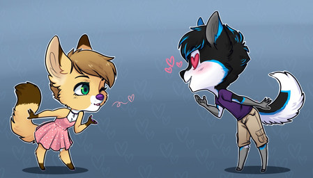 anthro chibi clothed clothing duo female fur hair heart_symbol male simple_background smile standing redpixie canid canine canis fox mammal wolf