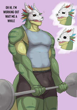 anthro barbell bodily_fluids bone bone_mask bottomwear bulge clothing dialogue exercise feathered_headdress green_body holding_weights male mask muscular muscular_anthro muscular_male nipples shirt shorts skull skull_mask solo sweat tank_top text topwear weightlifting workout guoguo104 terraria witch_doctor_(terraria) lihzahrd digital_media_(artwork) english_text