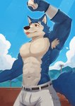 anthro armpit_hair ball baseball_(ball) baseball_(sport) baseball_field blep body_hair bulge male muscular muscular_male navel pecs solo sport tongue tongue_out sipcyshepherd beastars legoshi_(beastars) canid canine canis mammal wolf hi_res