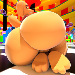 3_toes balls big_butt bubble_butt butt clothing fangs feet femboy fur genitals huge_butt huge_thighs looking_at_viewer looking_back male red_clothing red_shirt red_t-shirt red_topwear shirt solo t-shirt tail teeth thick_thighs toes topwear yellow_body yellow_butt yellow_fur yellow_tail adri164 glitch_productions the_amazing_digital_circus scratch_(tadc) canid canine canis domestic_dog hunting_dog mammal 1:1 absurd_res hi_res