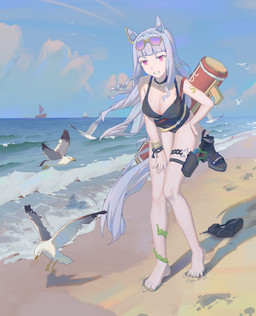 ambiguous_gender beach big_breasts black_clothing black_swimwear bracelet breasts choker cleavage clothed clothed_female clothed_humanoid clothing cloud collarbone eyewear eyewear_on_head female feral footprint footwear grey_ears grey_hair grey_tail grin group hair high_heeled_sandals high_heels holding_clothing holding_footwear holding_object holding_sandals holster jewelry looking_at_viewer necklace one-piece_swimsuit purple_eyes sand sandals sea ship shoes sky smile sunglasses sunglasses_on_head swimwear tail toy toy_gun vehicle water water_gun watercraft wearing_sunglasses yopofen cygames uma_musume_pretty_derby gold_ship_(pretty_derby) ambient_bird animal_humanoid avian bird equid equid_humanoid equine equine_humanoid gull horse_humanoid humanoid lari larid mammal mammal_humanoid 2022 absurd_res full-length_portrait hi_res portrait