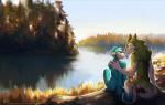 5_fingers anthro blue_body blue_fur day detailed_background duo eyes_closed fingers fur green_body green_fur lake outside sky smile tail white_body white_fur reilukah agralewyn canid canine canis domestic_dog mammal sergal 2018 digital_media_(artwork)