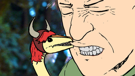 bite biting_lip clenched_teeth duo fake_horns female female_feral feral feralized hair larger_human larger_male long_neck male male_human pain red_hair scales size_difference smaller_female smaller_feral tan_body tan_scales teeth ratherdevious cavemanon_studios jurassic_park puppet_pals snoot_game universal_studios anon_(snoot_game) schizo_chan_(snoot_game) compsognathid compsognathus dinosaur human mammal prehistoric_species reptile saurischian scalie theropod 16:9 aliasing binary_drawing digital_drawing_(artwork) digital_media_(artwork) widescreen