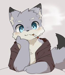 anthro arms_bent black_ear_tips black_nose black_tail_tip blush blush_lines cigarette cigarette_in_mouth cigarette_smoke clothing dipstick_ears dipstick_tail ear_markings front_view fur grey_background grey_body grey_fur grey_tail head_tuft holding_head inner_ear_fluff lit_cigarette looking_at_viewer male markings multicolored_ears object_in_mouth simple_background smoke smoking smoking_cigarette solo tail tail_markings topwear tuft white_body white_fur white_inner_ear_fluff koroponzu canid canine canis mammal wolf 2026 hi_res
