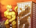 anthro backsack balls building butt fur genitals holding_butt macro male muscular muscular_anthro muscular_male red_eyes reflection skyscraper solo yellow_balls yellow_body yellow_fur primodrago dragon_ball dragon_ball_gt dragon_ball_z gogeta haplorhine mammal monkey oozaru primate 5:4 hi_res