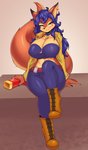 2020 anthro belt big_breasts blue_hair blush breasts canid canine carmelita_fox choker clothing ear_piercing ear_ring female fluffy fluffy_tail footwear fox hair hi_res huge_breasts jacket jewelry looking_at_viewer mammal necklace piercing red_belt ring_piercing shoes sitting sly_cooper_(series) solo sony_corporation sony_interactive_entertainment sucker_punch_productions tail tailzkim topwear yellow_eyes