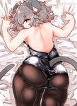 ahoge backless_clothing backless_leotard bedding blanket breasts butt clothed clothing exposed_back female grey_hair hair legwear leotard looking_back lying on_front open-back_leotard red_eyes short_hair solo tights sabitare touhou nazrin animal_humanoid humanoid mammal mammal_humanoid mouse_humanoid murid murid_humanoid murine murine_humanoid rodent rodent_humanoid hi_res