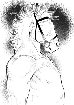 abstract_background anthro bdsm bodily_fluids drooling ear_piercing ear_ring gag gagged logo male mask nipples nude piercing ring_piercing saliva side_view solo wearing_mask azuza equid equine horse mammal 2024 artist_logo dated hi_res monochrome