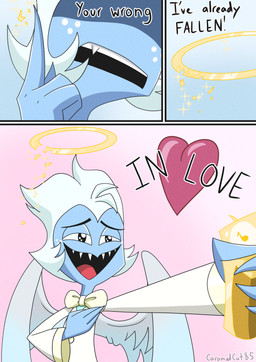 back_wings blue_body blue_skin bow_tie cartoon_freckles clothing cracks dialogue feathered_wings feathers freckled_face freckles halo heart_symbol jacket male sharp_teeth solo sparkles suit teeth text topwear transformation wings caramelcat85 hellaverse helluva_boss moxxie_(helluva_boss) angel angel_humanoid humanoid absurd_res comic english_text hi_res huge_filesize