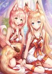 blonde_hair blue_eyes blush brush clothed clothing dress duo female green_eyes hair hairbrush pink_hair sitting sakura_ani animal_humanoid canid canid_humanoid canine canine_humanoid fox_humanoid humanoid mammal mammal_humanoid 2020 hi_res