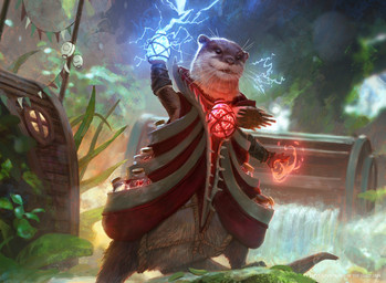 ambiguous_gender anthro brown_body brown_fur clothing fur leaf lightning_bolt magic potion robe solo standing text water water_wheel whiskers white_whiskers bram_sels hasbro magic:_the_gathering wizards_of_the_coast mammal mustelid otter 2024 copyright_name dated hi_res official_art